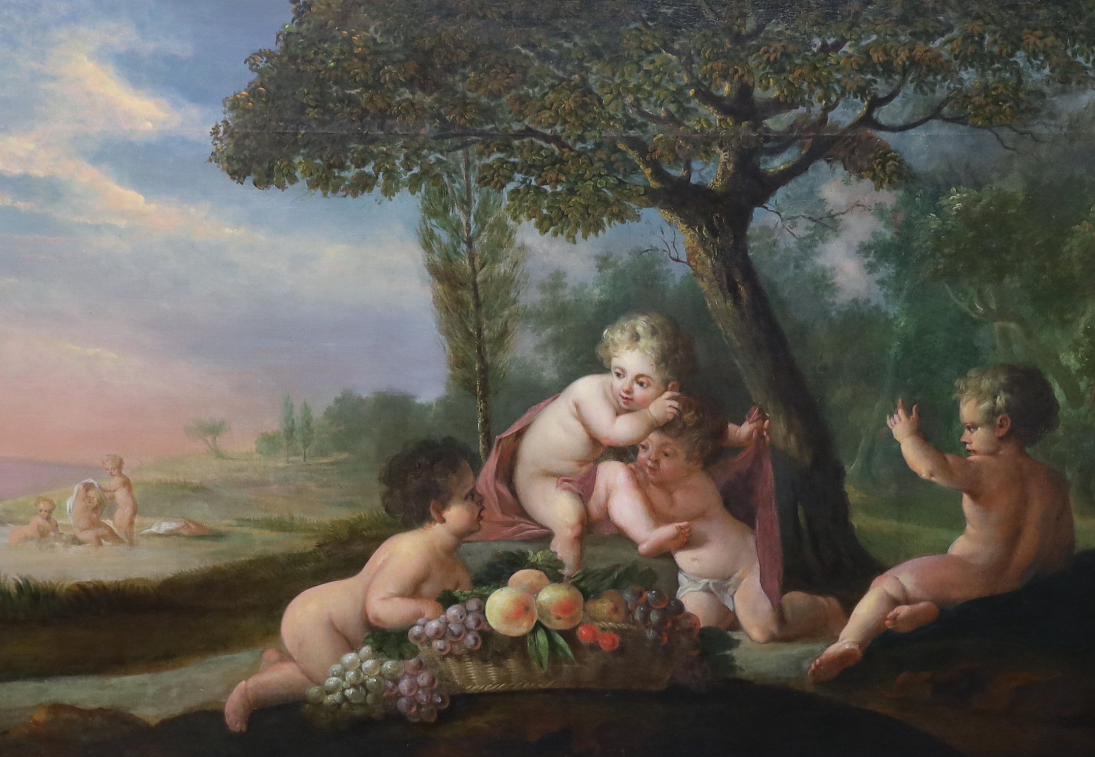 19th century French School, Putti in a landscape, oil on canvas, 80 x 112cm